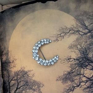 Vintage Rhinestone Silver Crescent Moon Brooch